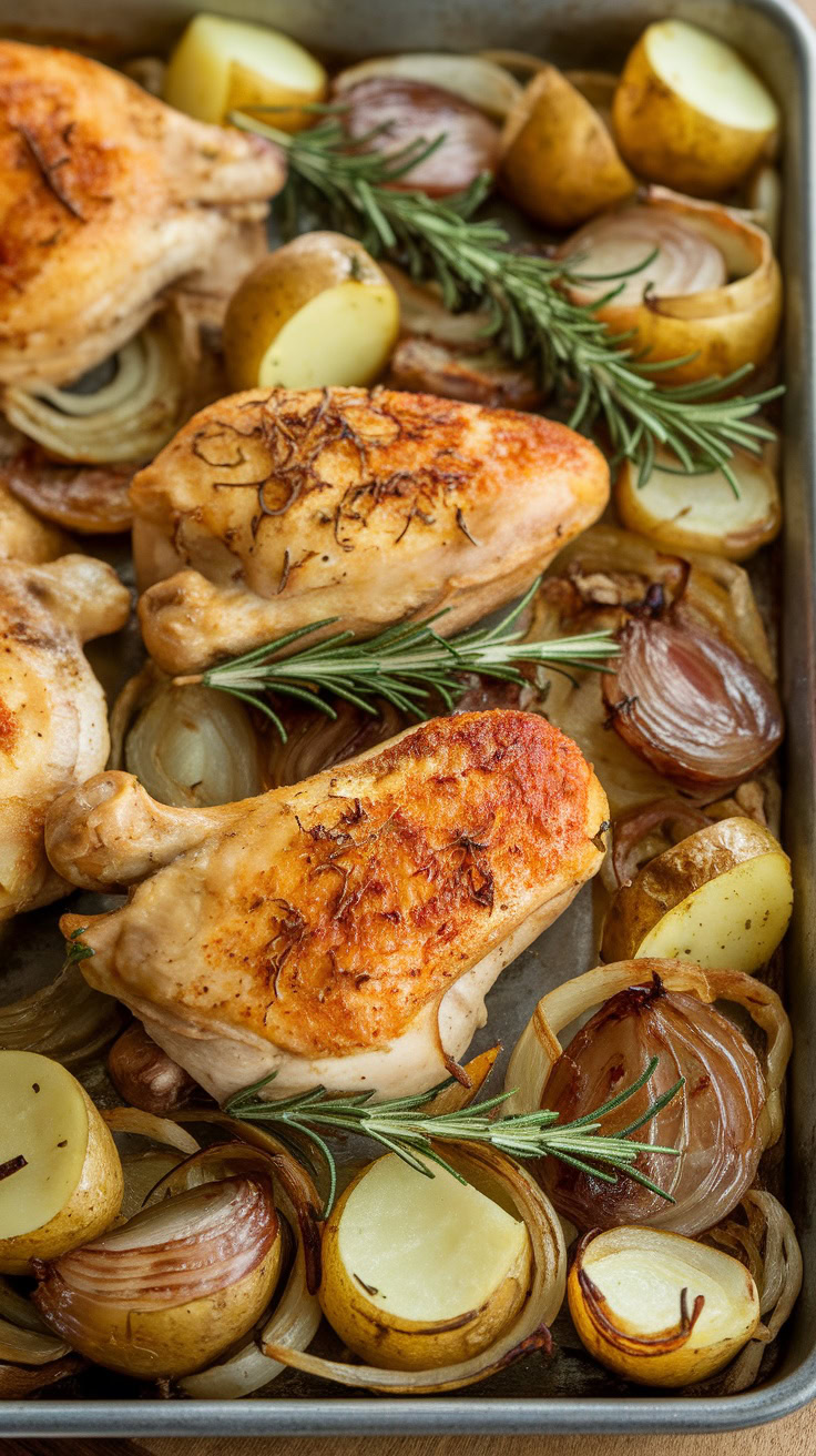 Sheet pan roasted chicken and potatoes is a simple and tasty meal that everyone will love. The chicken comes out juicy, while the potatoes are perfectly crispy and golden. For the full recipe, check out this link to make your dinner planning a breeze!