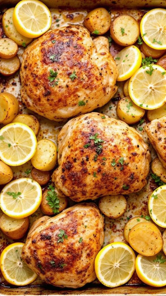 This sheet pan roasted Greek chicken is a crowd-pleaser! Juicy chicken pairs perfectly with golden garlic potatoes and bright lemon slices.