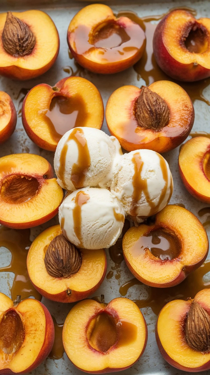 Delicious roasted peaches on a sheet pan, topped with vanilla ice cream and caramel sauce.