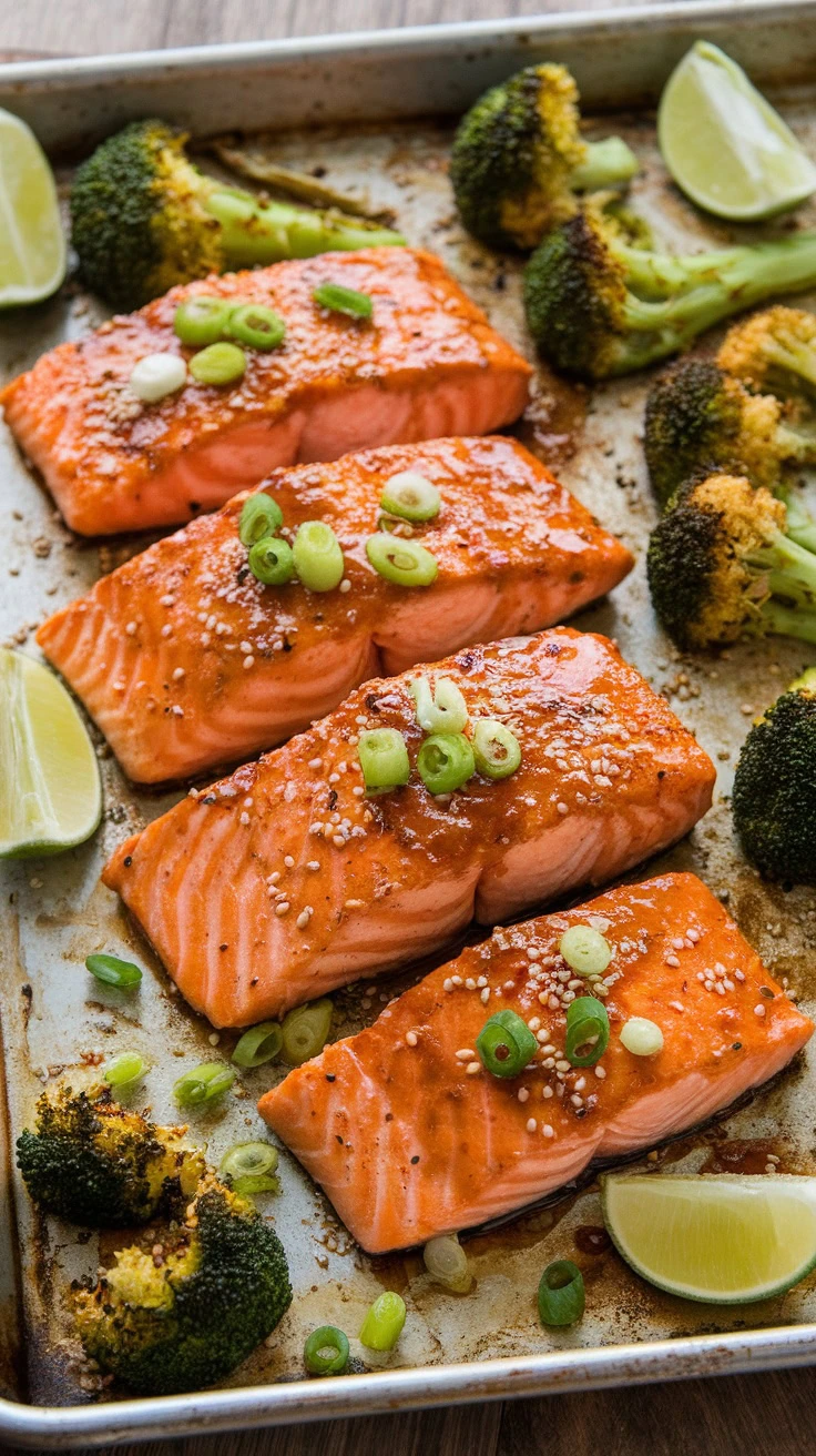 Sheet pan meal featuring salmon fillets with teriyaki sauce and roasted broccoli.