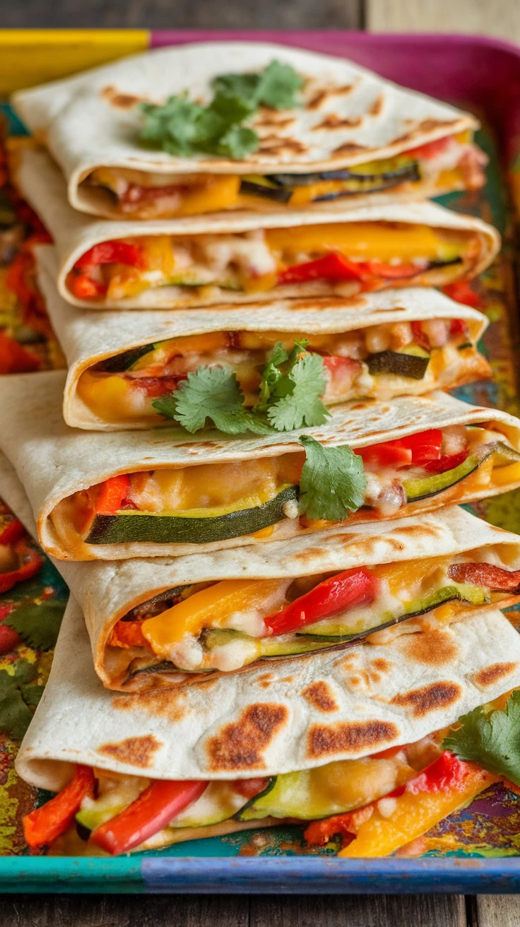 Delicious veggie quesadillas stacked and garnished with cilantro.