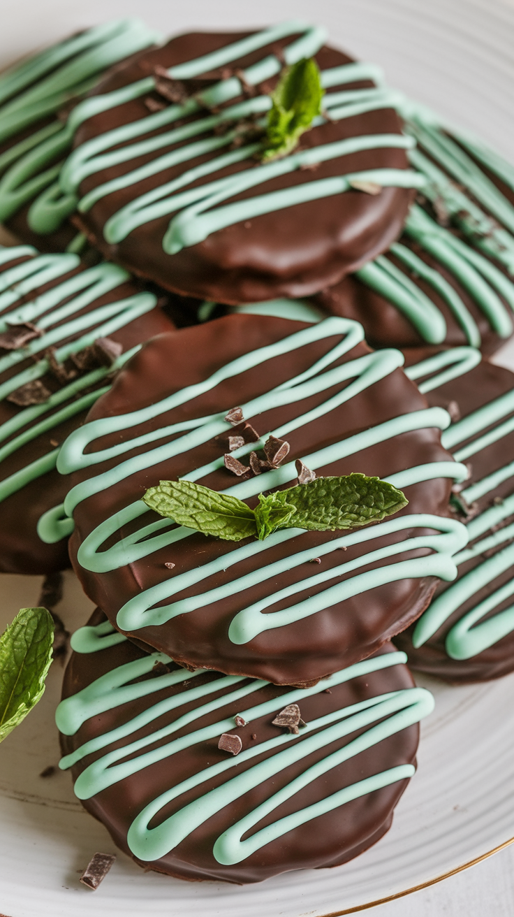 A plate of Shortcut Grasshopper Cookies with mint and chocolate