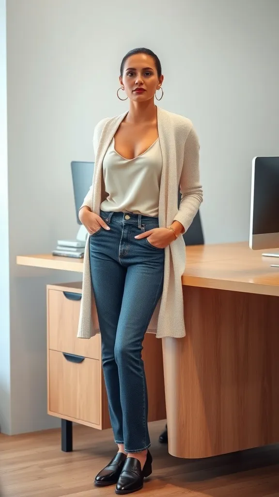 This outfit is all about balancing comfort and style. A silk camisole paired with a cozy cardigan makes you feel chic while keeping it relaxed. Straight-leg jeans pull the look together, making it perfect for any office setting.