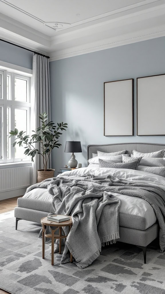 A modern guest bedroom with sky blue walls, gray bedding, and elegant decor.