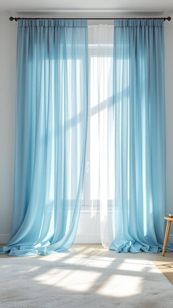 Sky blue curtains hanging against light walls in a bright room.