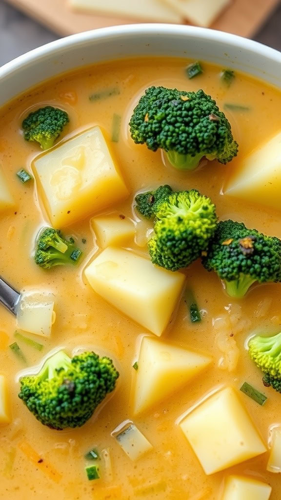 A bowl of cheesy broccoli potato soup with chunks of broccoli and potatoes.