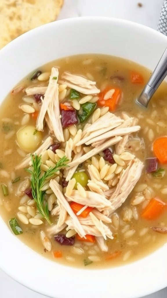 Bowl of chicken wild rice soup with shredded chicken and vegetables