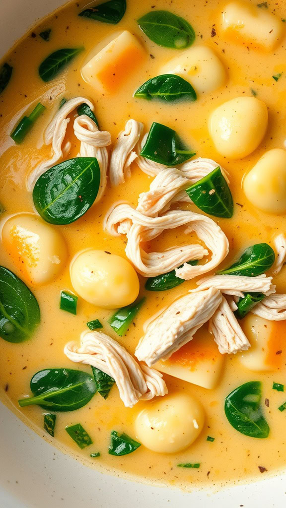 A bowl of creamy chicken gnocchi soup with spinach and shredded chicken