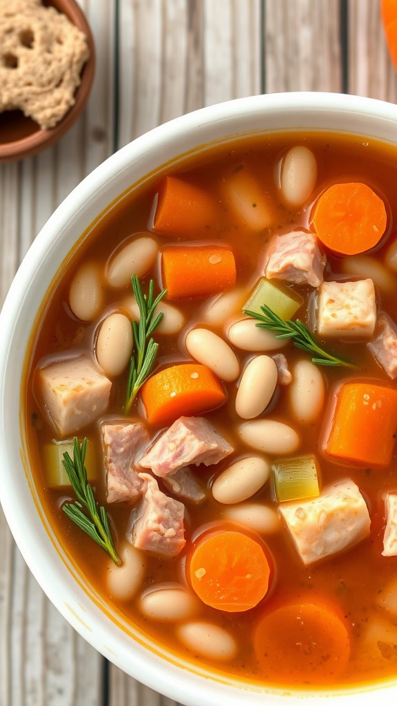 A bowl of ham bean soup with carrots and beans, garnished with herbs.