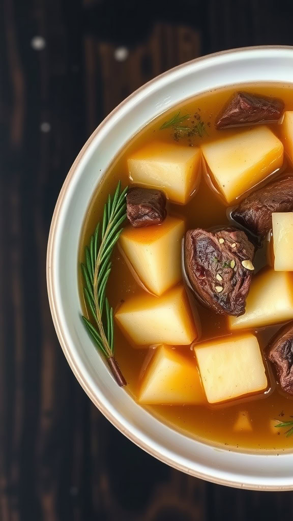 Bowl of steak and potato soup with chunks of beef and potatoes, garnished with a sprig of rosemary.