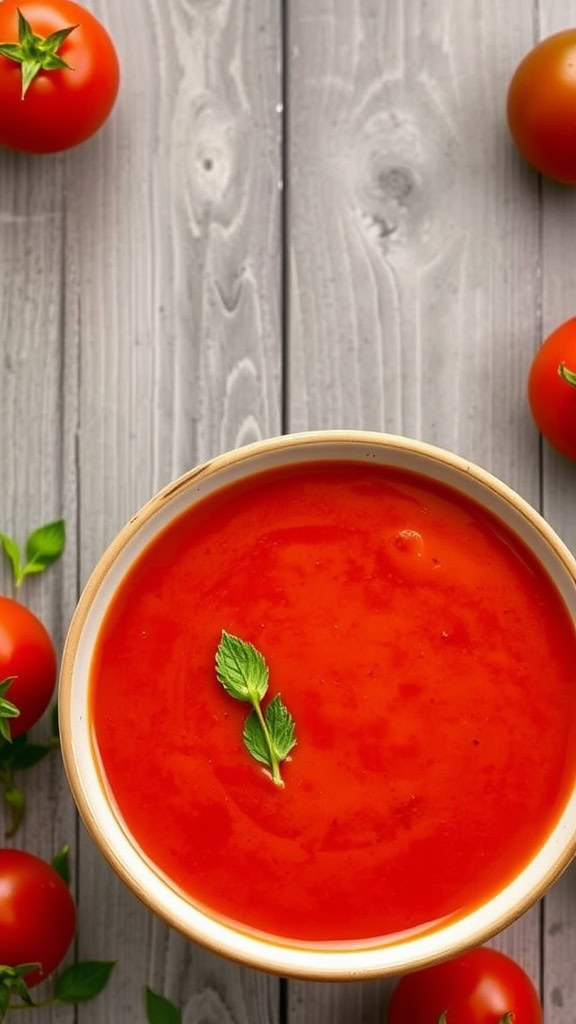 A bowl of smooth tomato soup garnished with a mint leaf, surrounded by fresh tomatoes on a wooden surface.