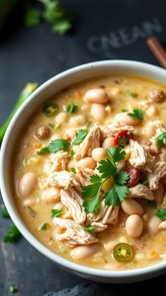 A bowl of white chicken chili with shredded chicken, beans, and cilantro