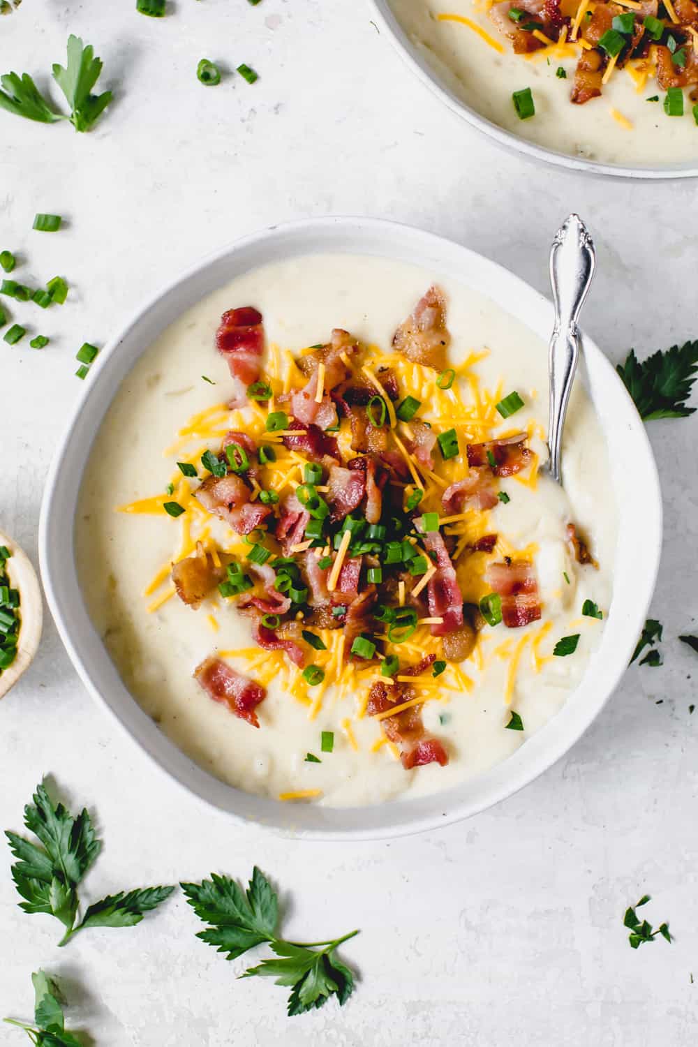 Think of your favorite baked potato toppings but in soup form. Bacon, cheese, green onions—it’s all here. No jacket potatoes required.