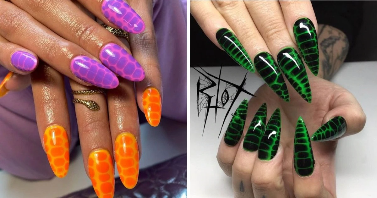 Snake skin nails are the ultimate statement for those who love wild and crazy designs. Whether you rock stiletto, coffin, or square shapes, these unique styles will definitely turn heads. Get inspired and unleash your creativity! 🐍💅🖤 #SnakeSkinNails #NailArt #FashionNails