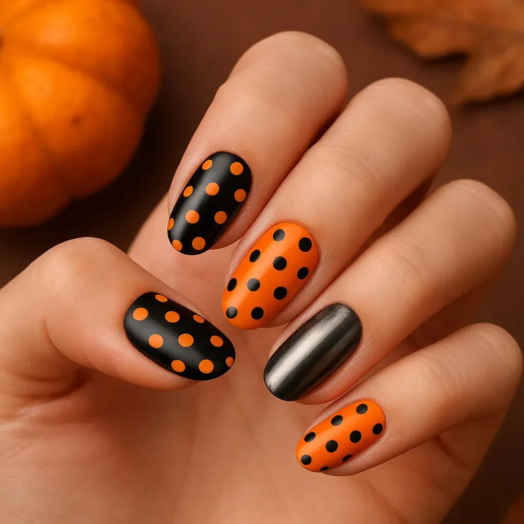 Orange and black dots bring the ultimate Halloween-meets-autumn vibe. A matte finish keeps things chic instead of spooky.