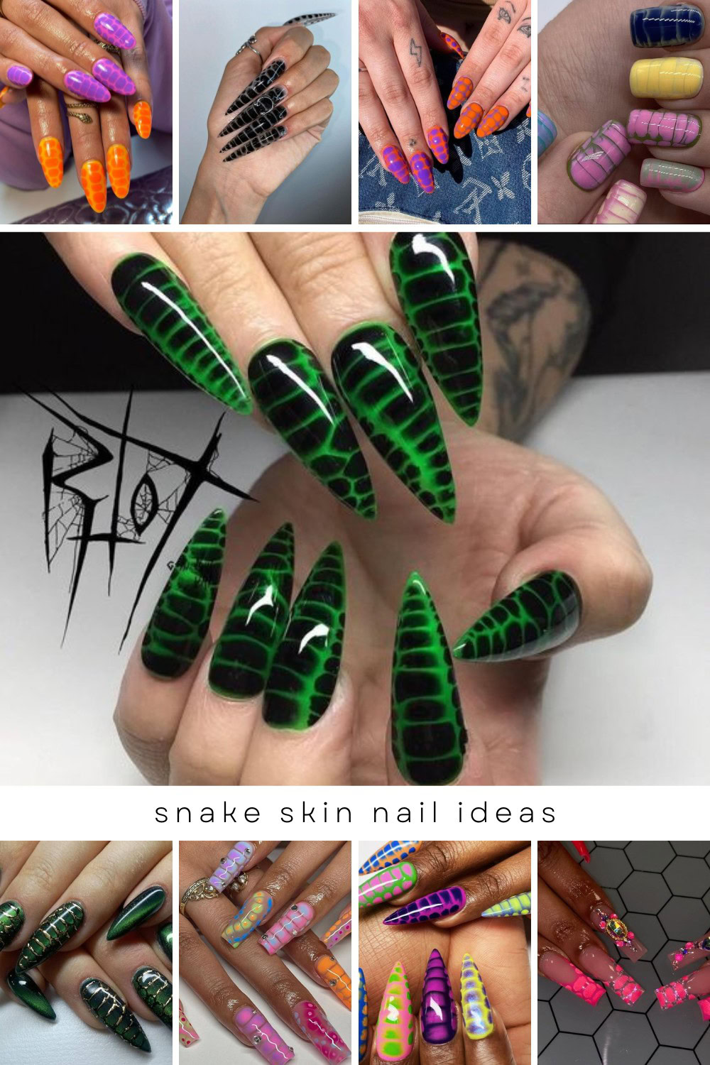 Snake skin nails are the ultimate statement for those who love wild and crazy designs. Whether you rock stiletto, coffin, or square shapes, these unique styles will definitely turn heads. Get inspired and unleash your creativity! 🐍💅🖤 #SnakeSkinNails #NailArt #FashionNails