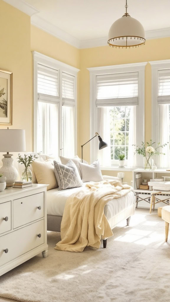 Soft lemon-colored walls are the ultimate backdrop for a guest bedroom that feels warm and inviting. The gentle hue reflects natural light beautifully, creating a fresh and airy space.