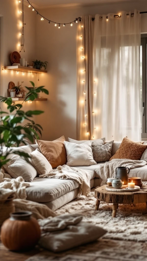 There’s nothing quite like soft lighting to make a space feel inviting. Fairy lights, candles, and warm-toned bulbs can transform your living room into a cozy retreat. Create a dedicated nook with comfy seating, perfect for reading or unwinding.