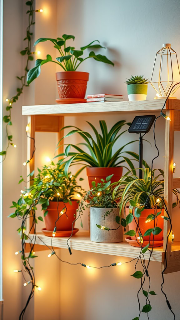 Good lighting is essential for happy plants and a stunning display. Use natural light whenever possible and supplement with grow lights or decorative lighting for darker areas. Twinkle lights, spotlights, or LED strips can add a magical touch to your shelf.