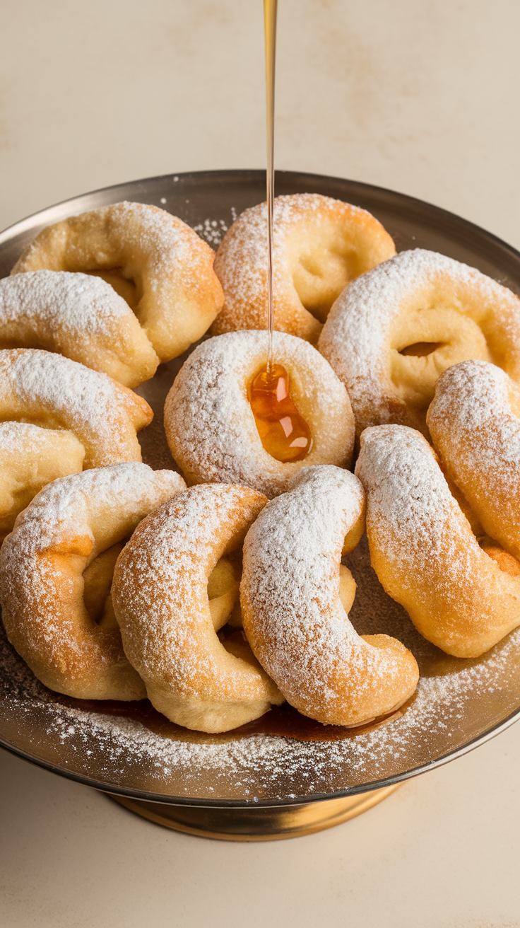 A plate of sopaipillas drizzled with honey and dusted with powdered sugar.