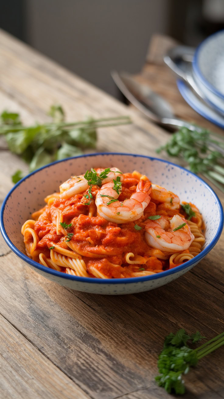 This spicy shrimp and tomato pasta is a quick and tasty meal that everyone will love. The shrimp adds a nice kick, while the rich tomato sauce ties everything together beautifully. Perfect for a cozy dinner or a fun gathering with friends!