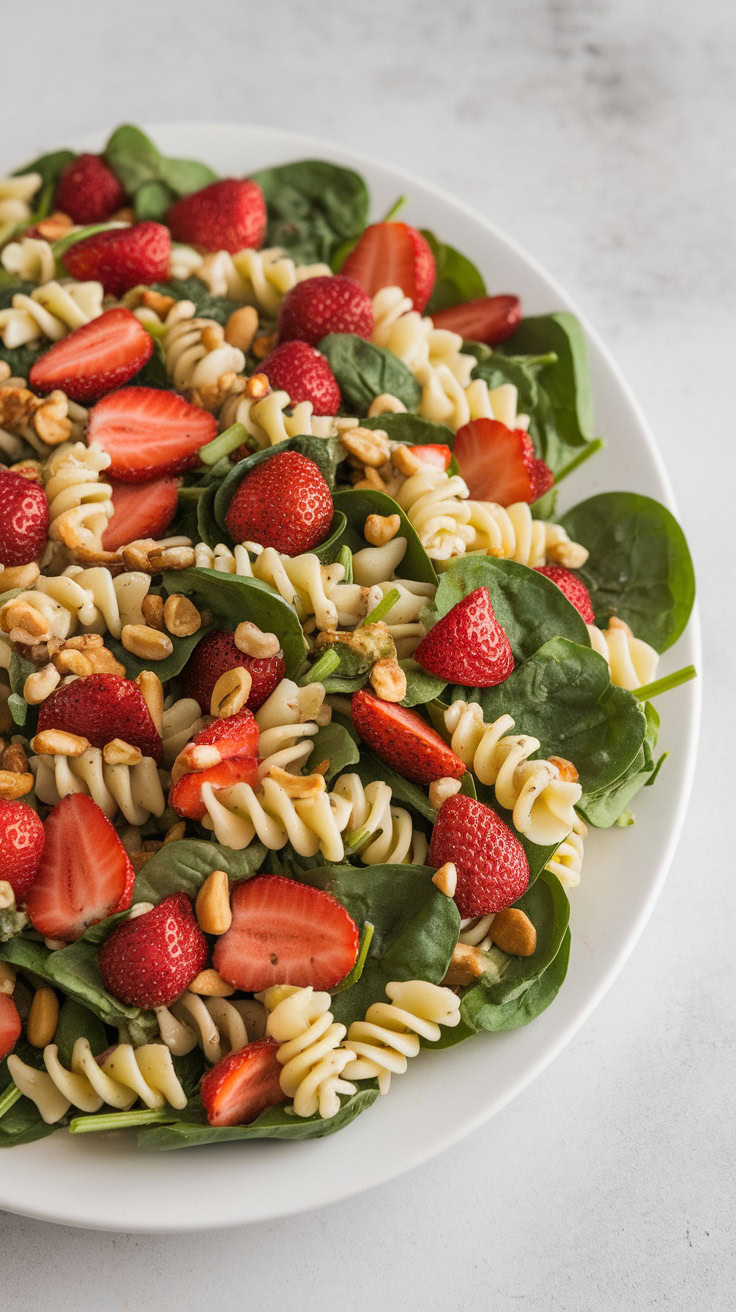 This Spinach and Strawberry Pasta Salad is a delightful mix of fresh flavors. The sweetness of strawberries pairs perfectly with the earthy spinach and crunchy nuts. It's a great choice for a light lunch or a fun picnic dish!