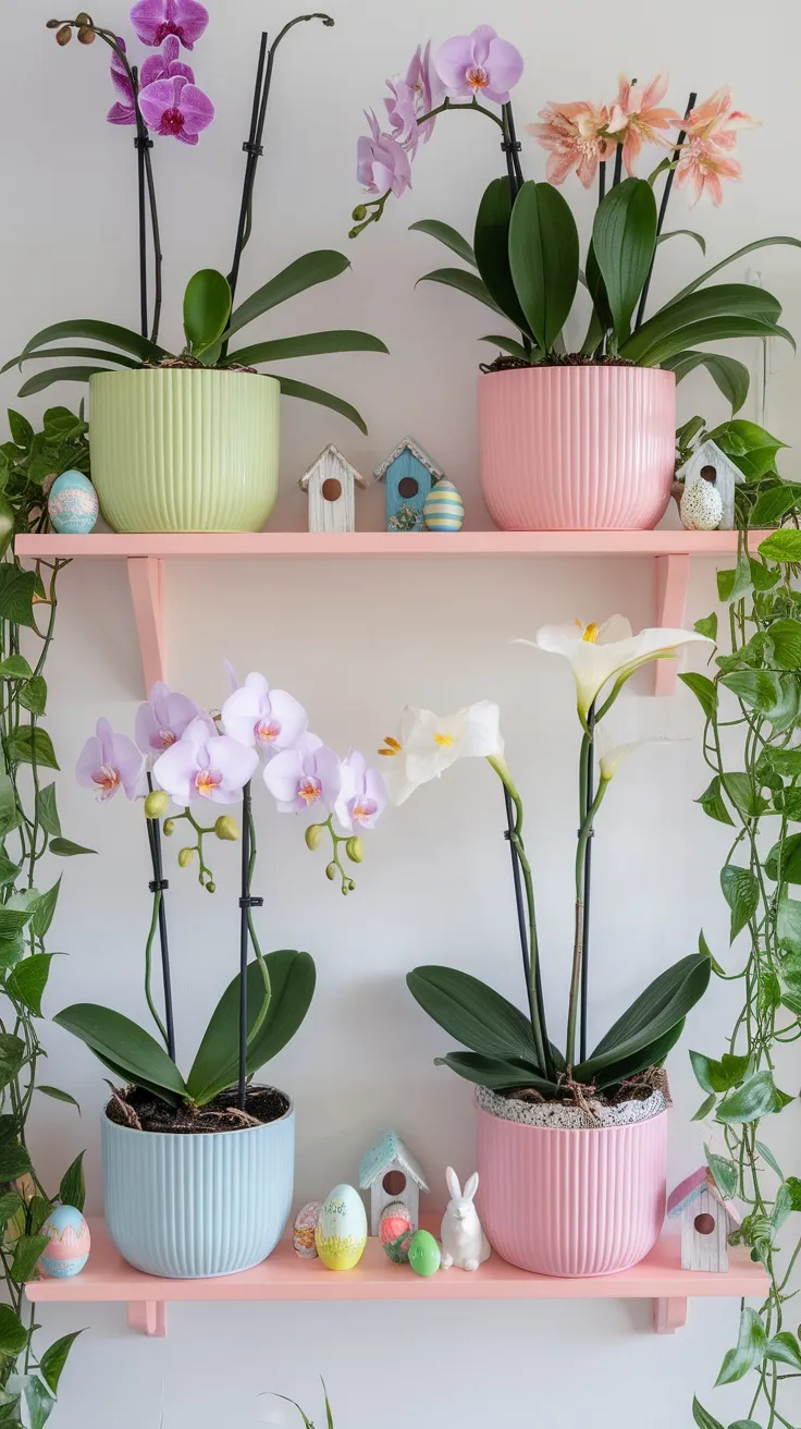 Spring is the perfect time to refresh your living room plant shelf. Brighten up the space with colorful pots and fun decorations like pastel eggs or cute bunny figurines. These simple touches bring a cheerful vibe that welcomes the season.