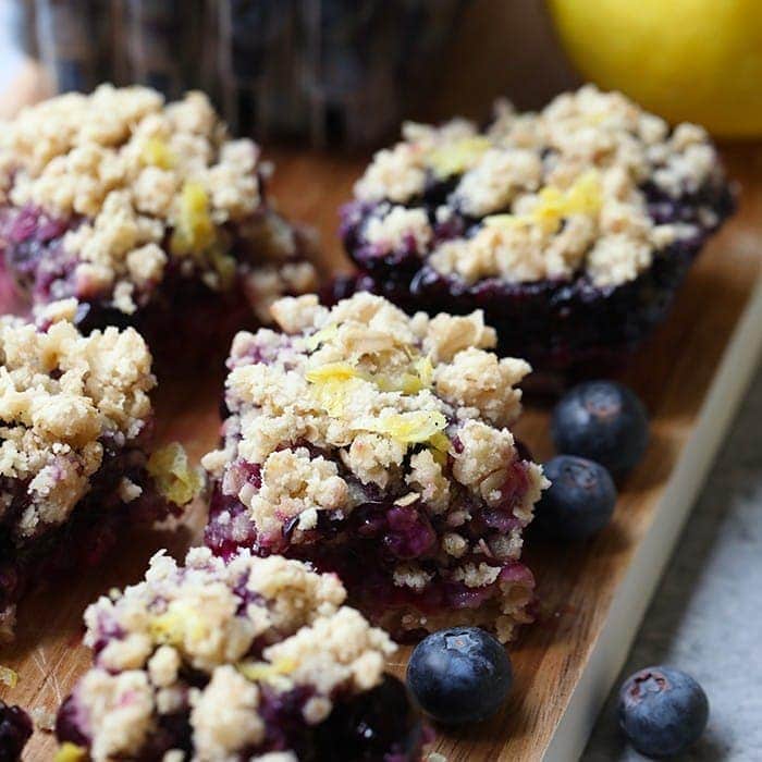 These lemon blueberry crumble bars are naturally sweetened and we love the almond flour crust. Cook down the blueberries with the sweetener, bake the bars, and let them set for a delicious summer bar. Don’t forget to add the fresh lemon zest to the top before serving!