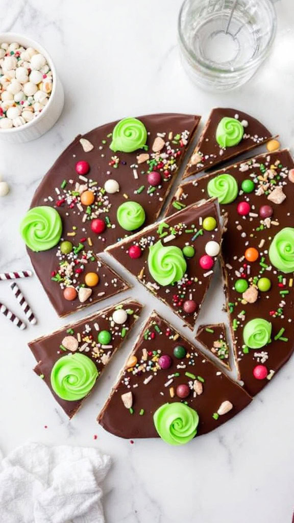 A colorful St. Patrick's Day chocolate bark decorated with green frosting, candies, and sprinkles.