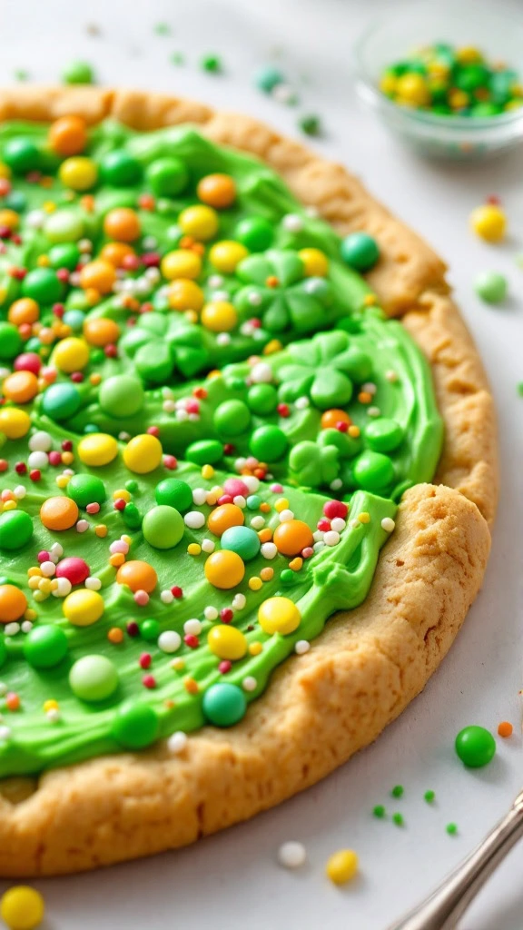 A vibrant dessert pizza decorated with green frosting and colorful sprinkles, perfect for St. Patrick's Day.