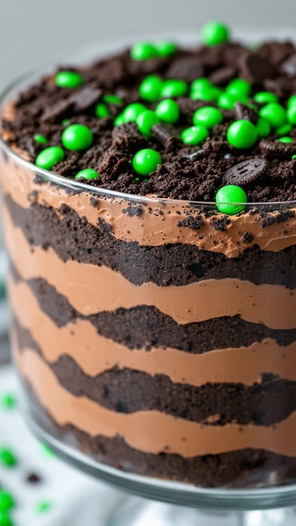 A delicious St. Patrick's Day Irish Dirt Cake with chocolate layers and green candy toppings