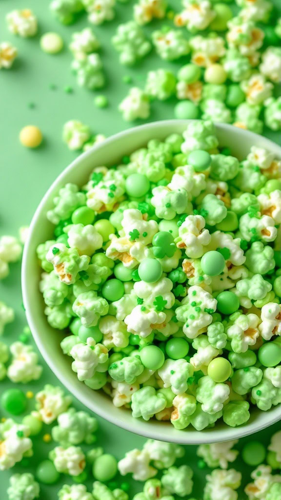 A bowl of green popcorn mix with sprinkles and candies for St. Patrick's Day.