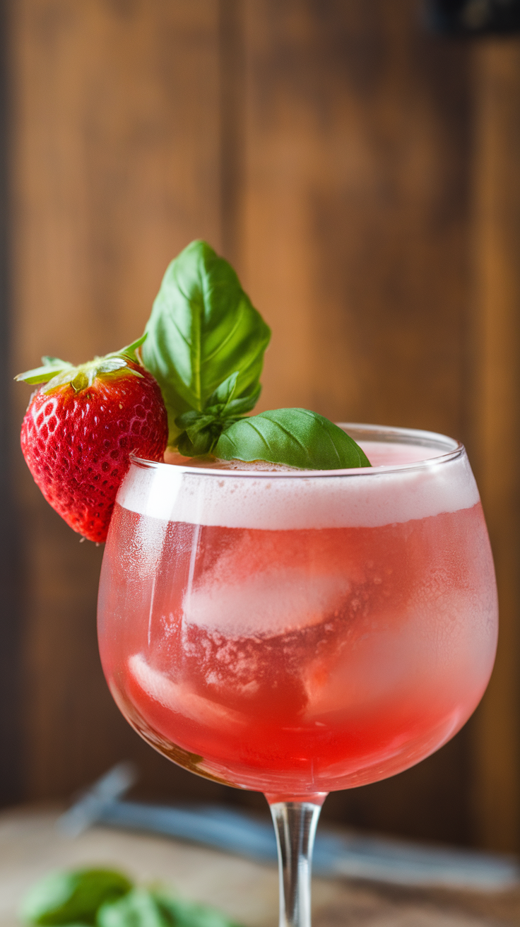 The Strawberry Basil Cosmopolitan is a refreshing twist on the classic cosmopolitan. This drink combines the sweetness of ripe strawberries with the fragrant hint of fresh basil, creating a delightful balance of flavors. It's light, fruity, and perfect for summer gatherings or a cozy night in.