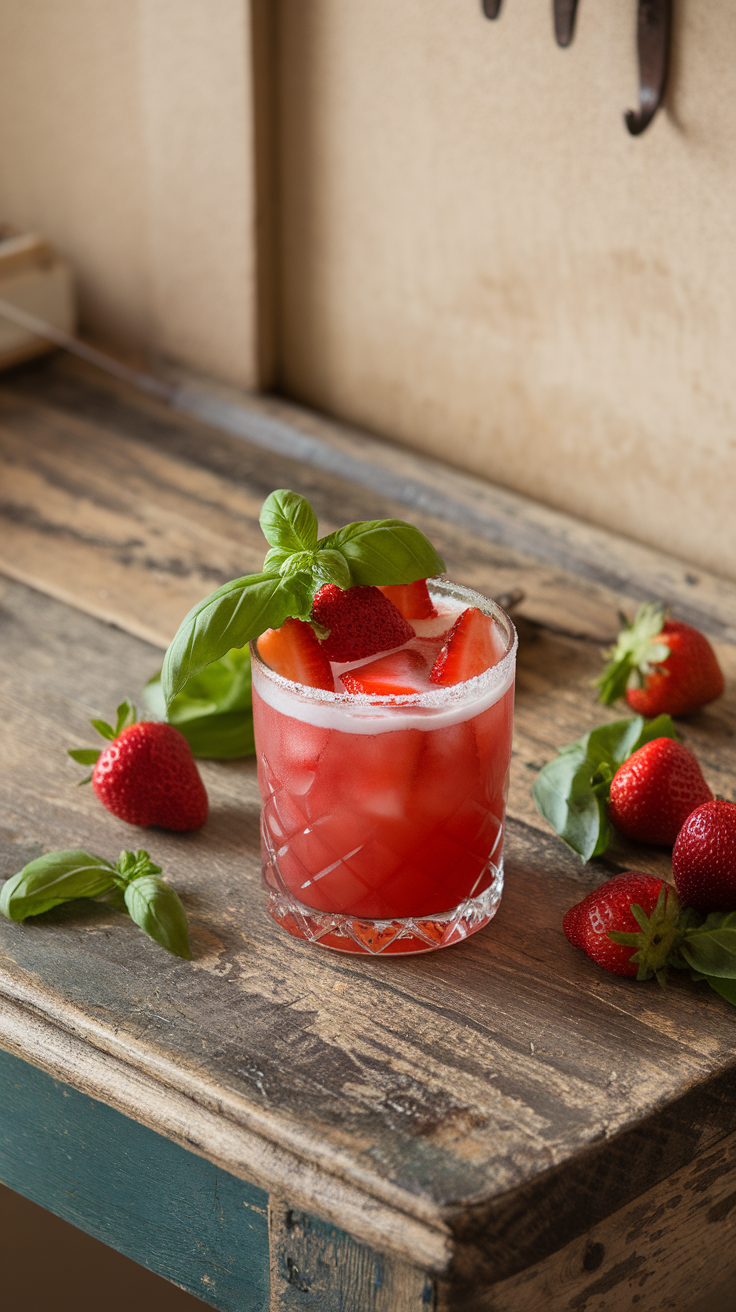 The Strawberry Basil Smash is a refreshing cocktail that brings together the sweet taste of strawberries and the aromatic notes of fresh basil. This vibrant drink looks as good as it tastes, with a lovely pink hue and garnished with juicy strawberry slices and a sprig of basil. It’s perfect for warm days or any casual gathering with friends.