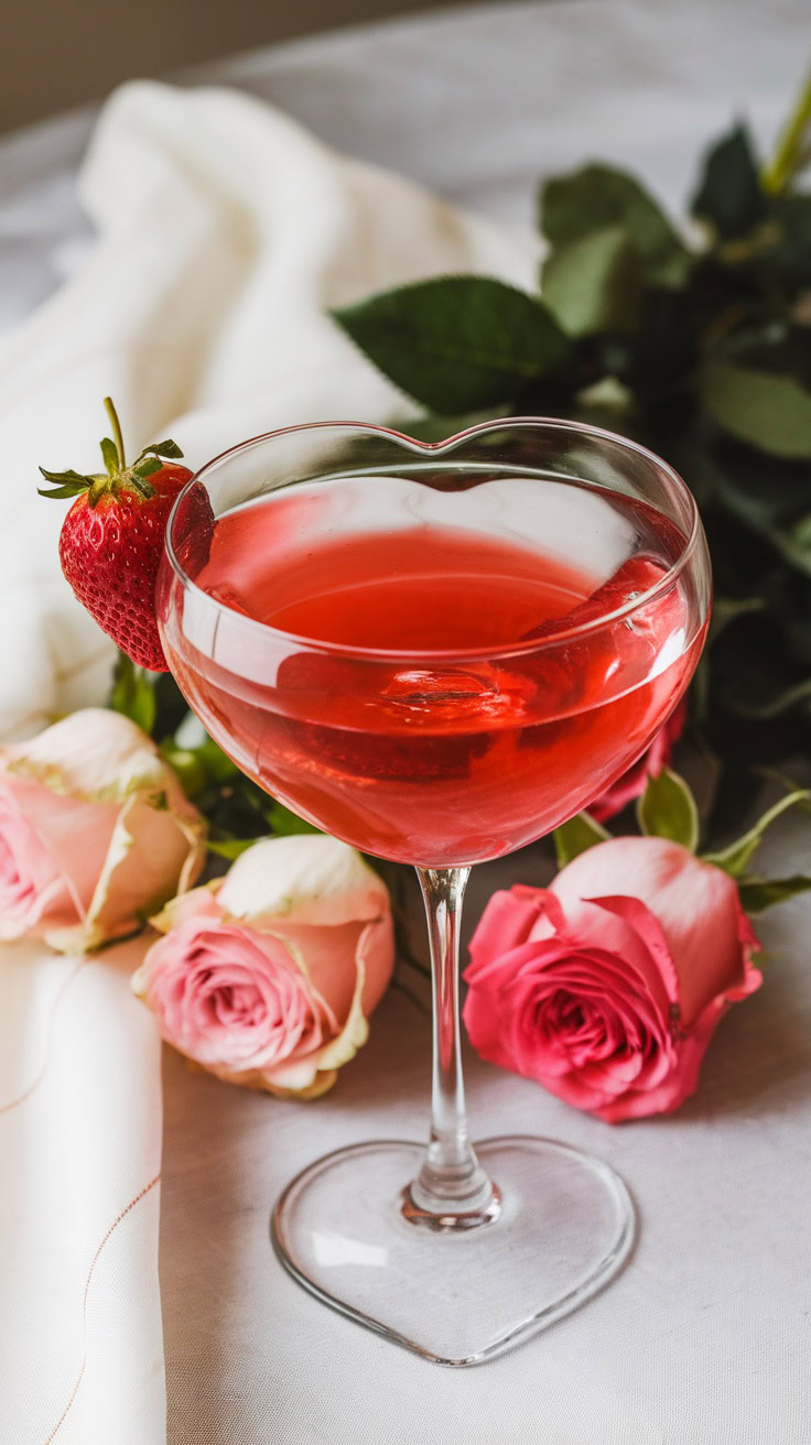 The Strawberry Kiss Martini is a delightful blend of sweet and tart flavors, perfect for setting the mood on Valentine’s Day. Its vibrant pink color and refreshing taste make it not just a drink, but a charming experience that’s sure to impress.