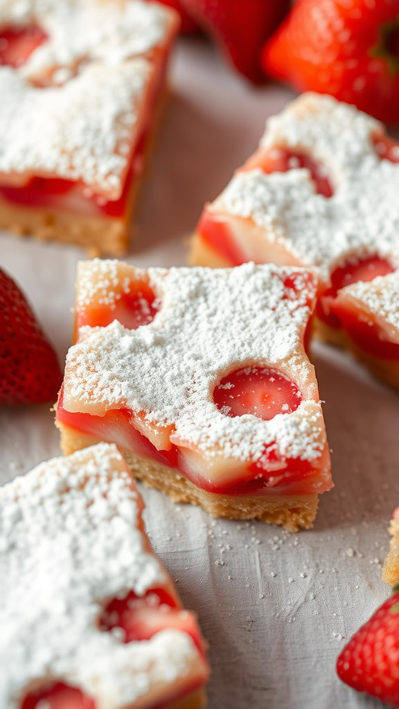 Strawberry lemon bars are a perfect blend of tart and sweet flavors that brighten up any dessert table. The buttery crust pairs beautifully with the creamy lemon filling and fresh strawberries on top. You can find the delicious recipe for these tasty treats here!