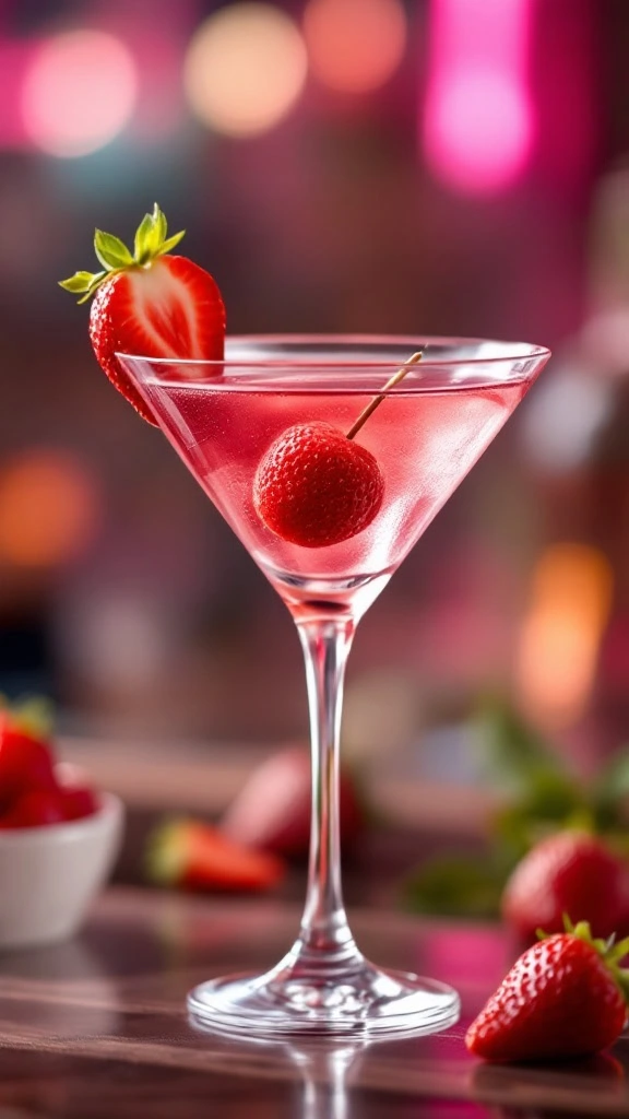 A Strawberry Lychee Martini garnished with fresh strawberries.