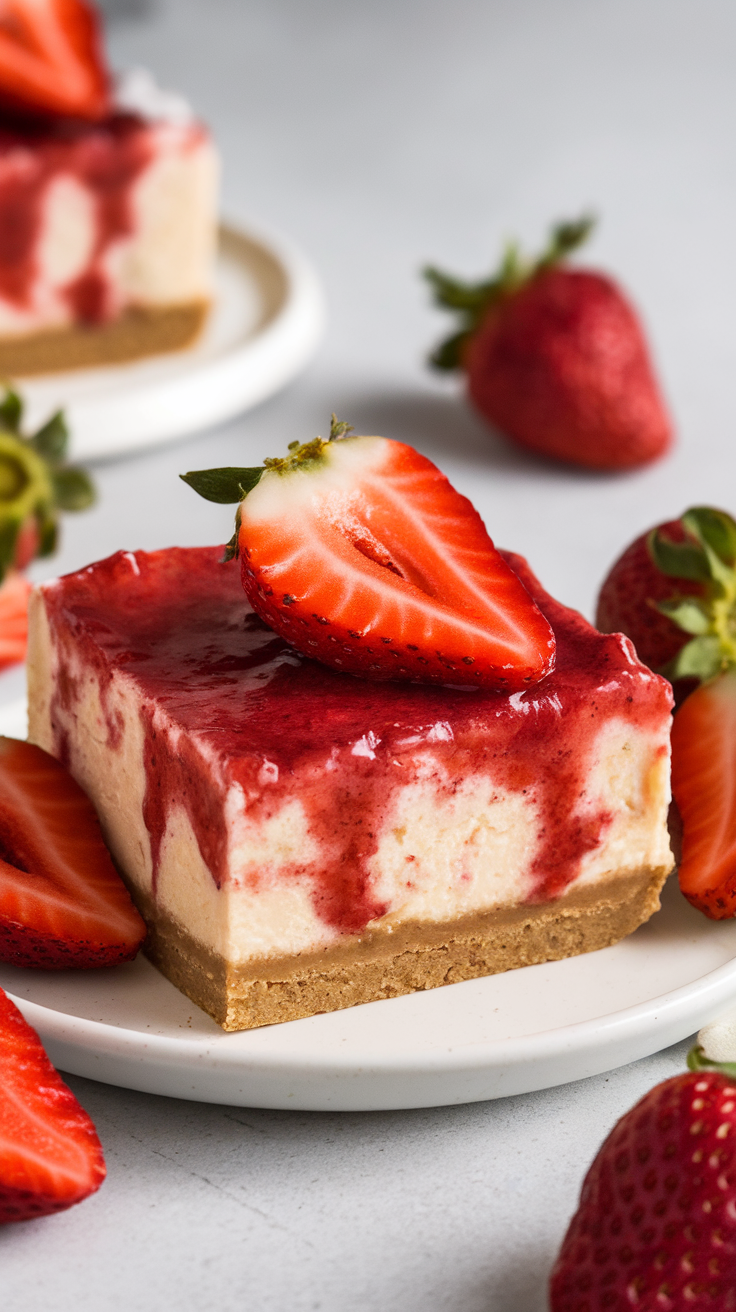 Strawberry Sopapilla Cheesecake Bars topped with fresh strawberries and sauce