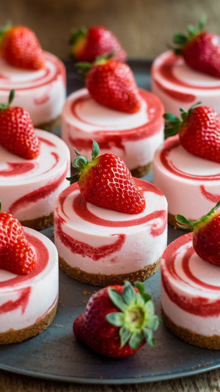 These Strawberry Swirl Mini Cheesecakes are a hit at any bake sale. The creamy cheesecake and sweet strawberry swirl create a delightful treat that's hard to resist. Topped with fresh strawberries, they look as good as they taste!