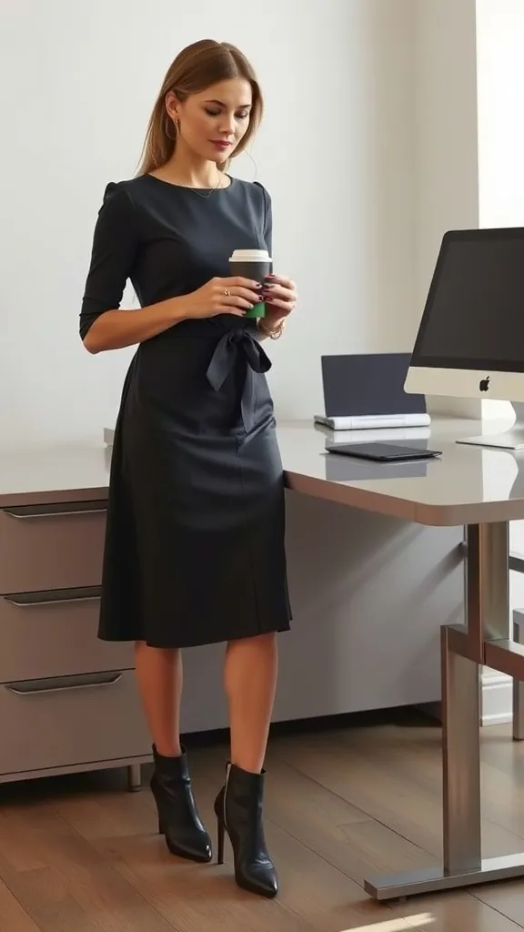 A structured midi dress is a smart choice for the office. The belted waist adds a touch of style while emphasizing your silhouette. Pair it with ankle boots for a chic and confident look.