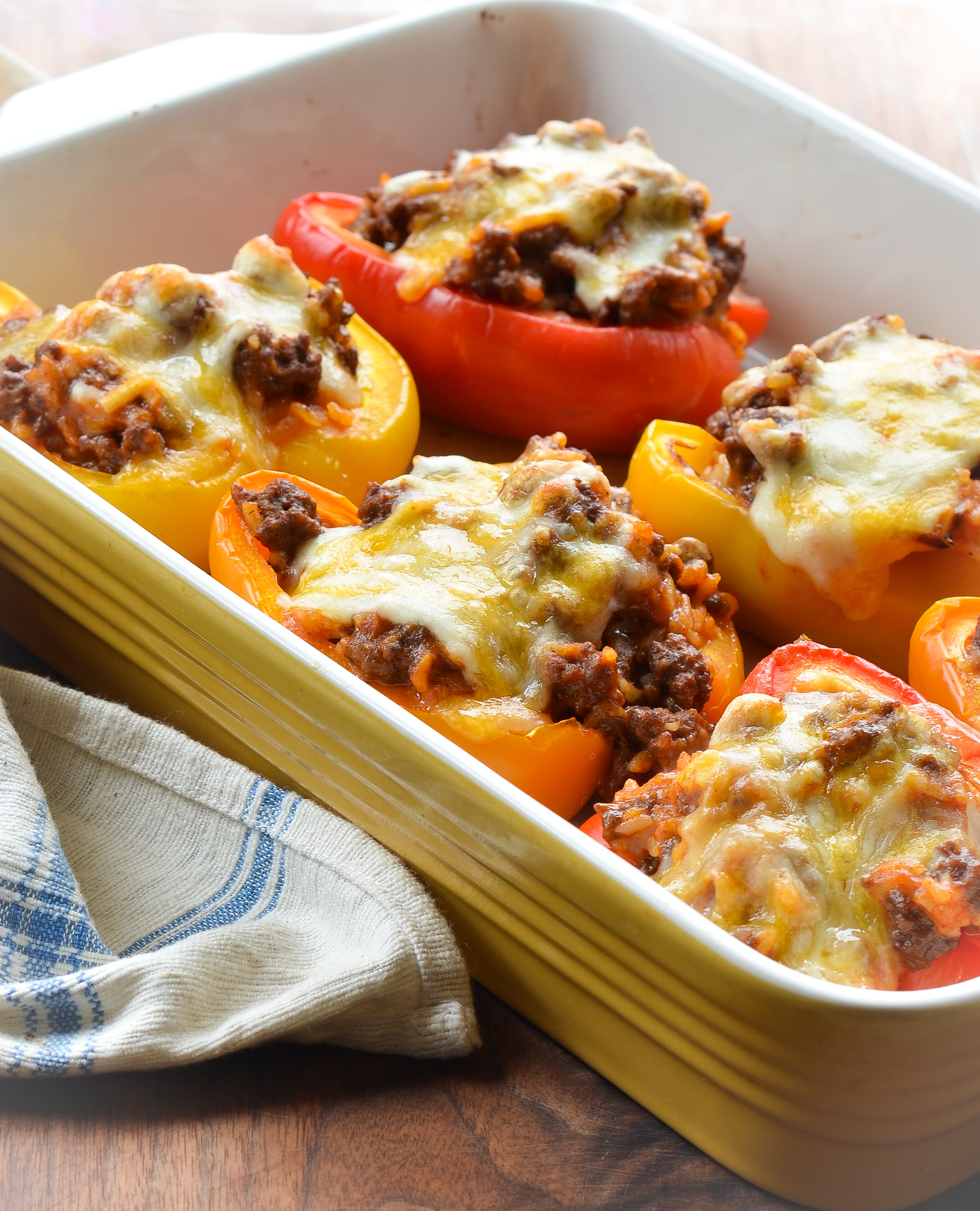 A classic family dinner that never goes out of style. These bell peppers are filled with a savory mix of ground beef, rice, and Italian herbs.