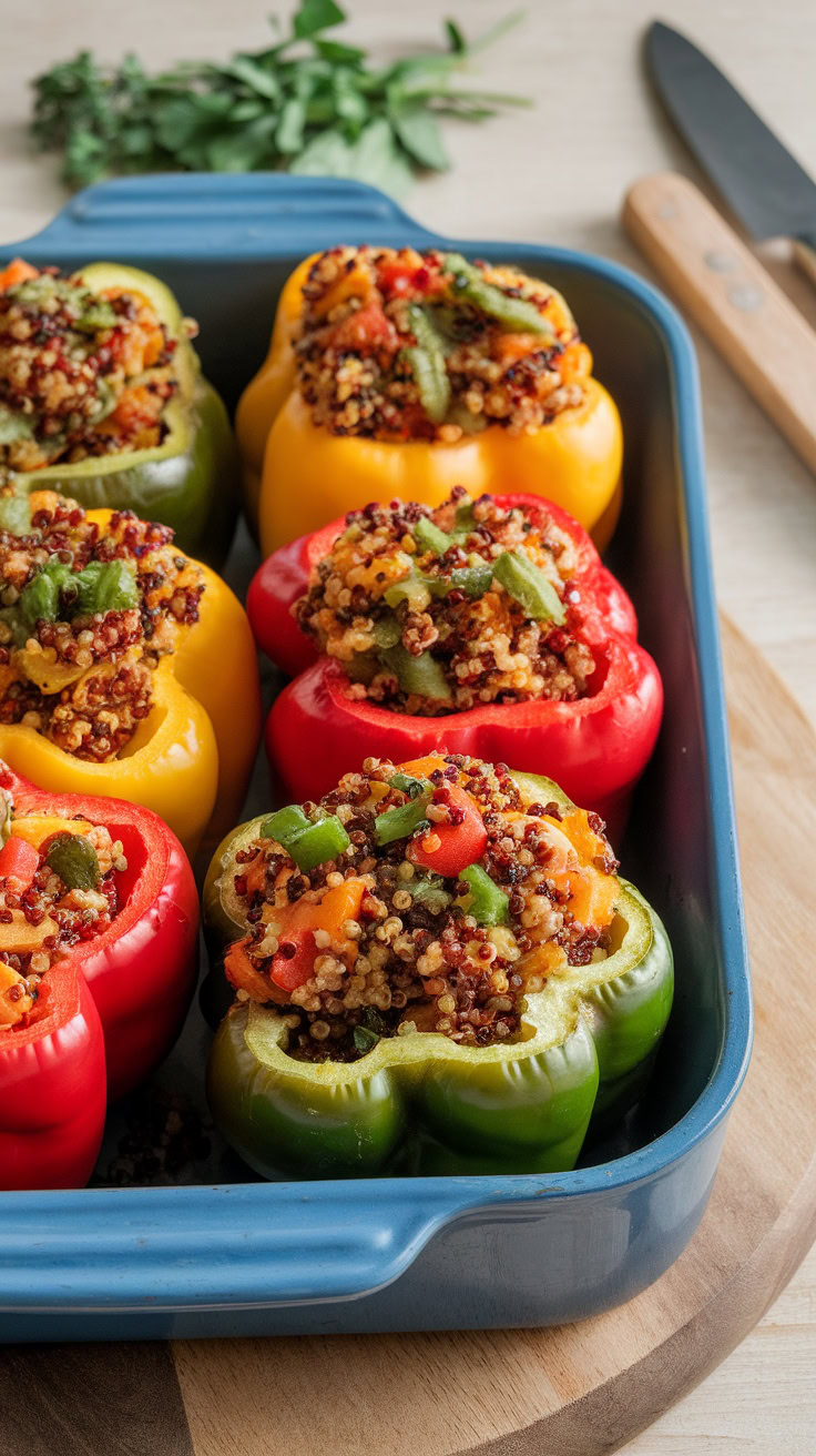 Stuffed bell peppers with quinoa are a fun and colorful dinner option. Just hollow out some peppers, fill them with a tasty quinoa mixture, and bake until tender. It's a healthy meal that's easy to customize based on your favorite veggies and spices!