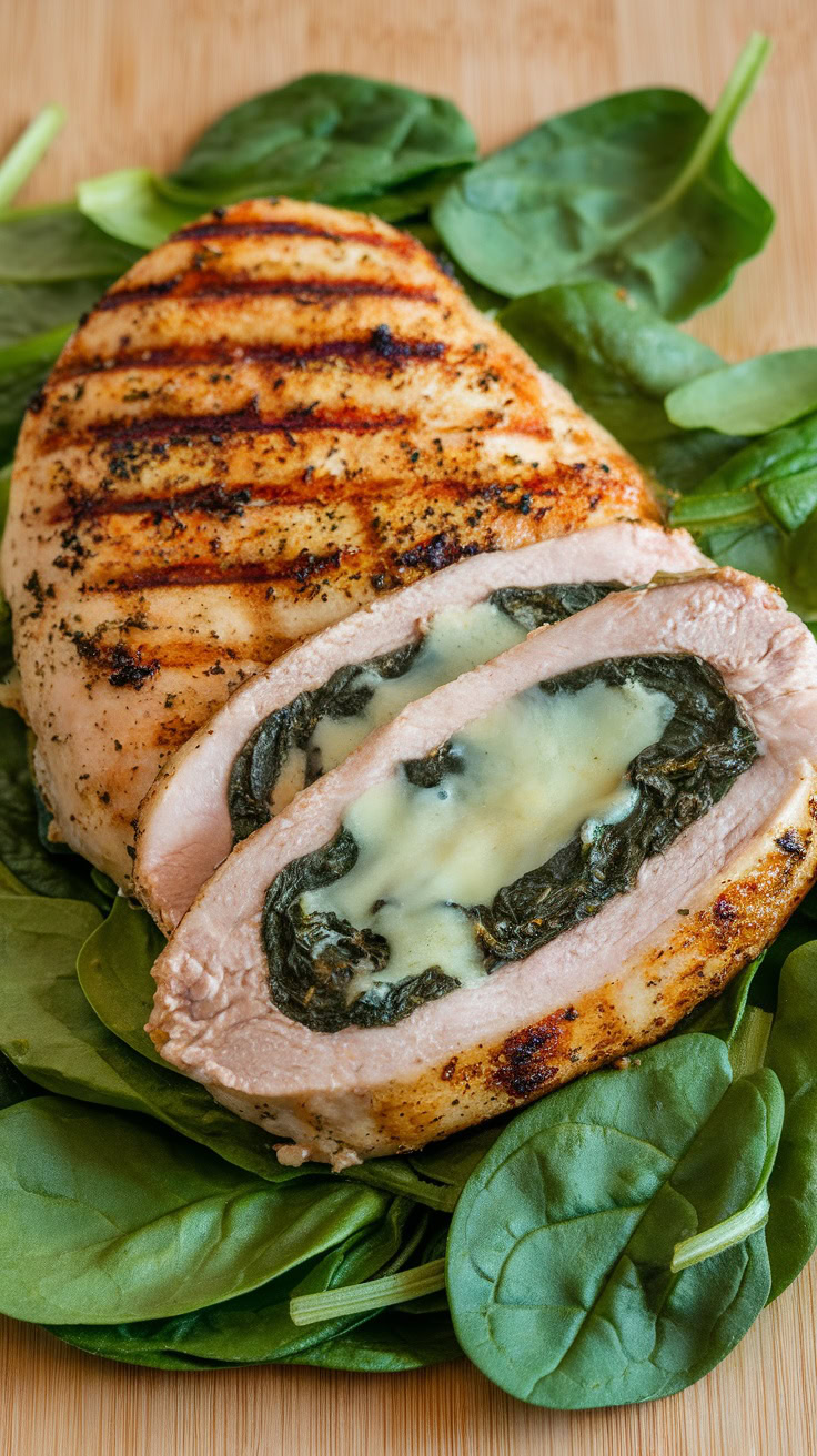 Stuffed chicken breast with spinach and cheese on a bed of spinach leaves.