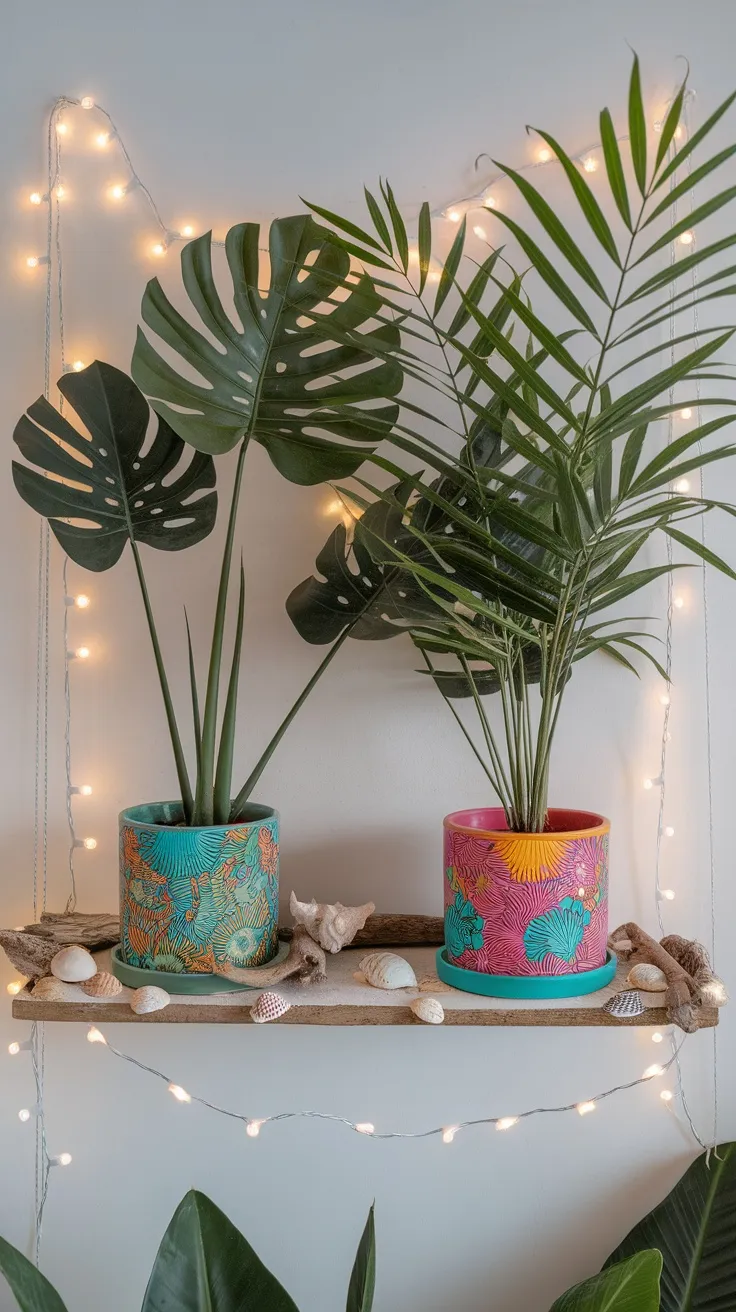 Summer is the perfect time to brighten up your plant shelf. Try adding some colorful pots and a few seashells for that beachy feel. Don't forget string lights to create a warm glow that makes your plants shine!