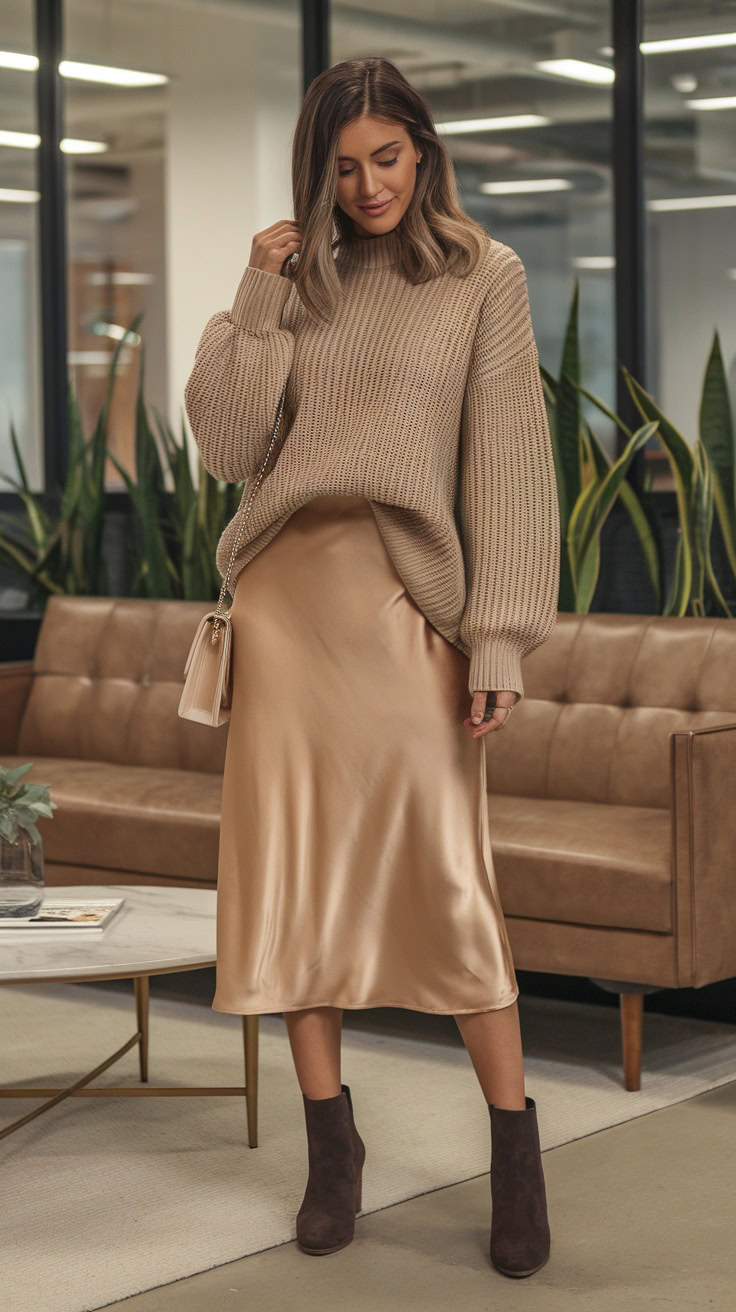 A cozy sweater paired with a sleek midi skirt makes for a stylish office outfit. This combo strikes the right balance between comfort and sophistication, perfect for a relaxed workday. Add some ankle boots for an effortlessly chic vibe.