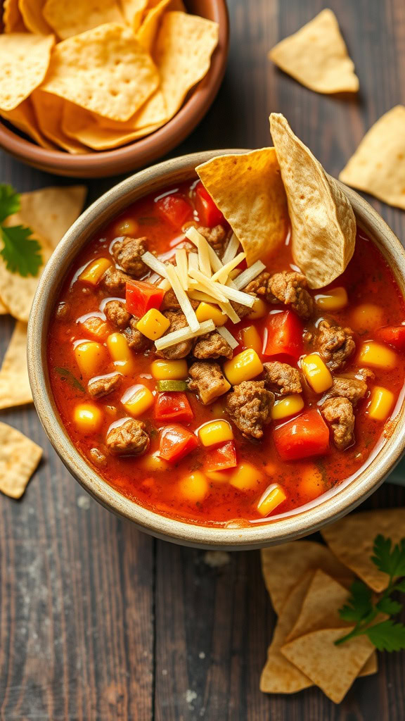 Bowl of taco soup topped with cheese and tortilla chips on the side