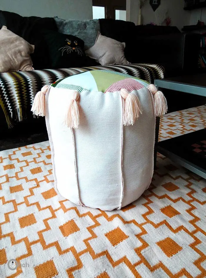 Tasseled Pouf with Upcycled Materials