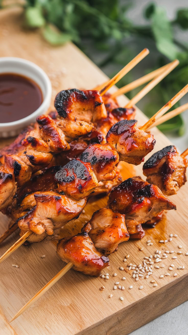 Grilled teriyaki chicken skewers on a wooden board with a small bowl of sauce