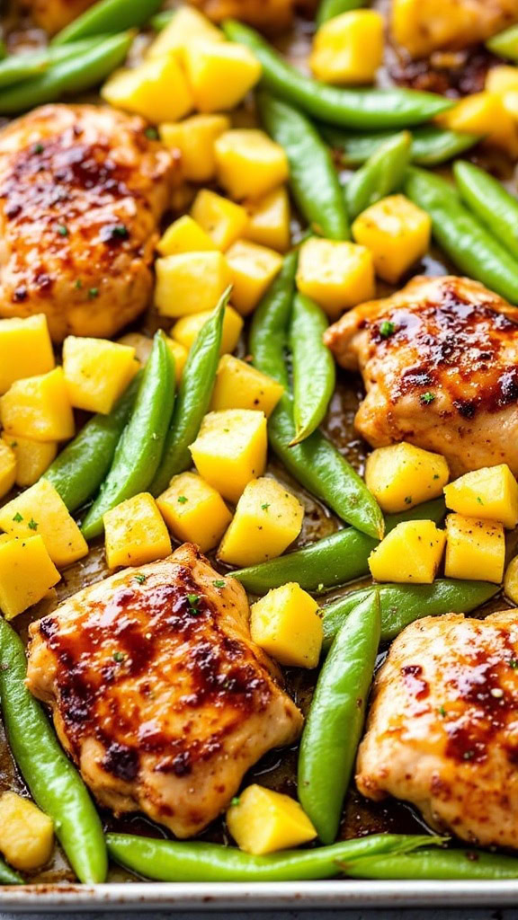 Sheet pan with teriyaki chicken thighs, pineapple chunks, and snap peas.