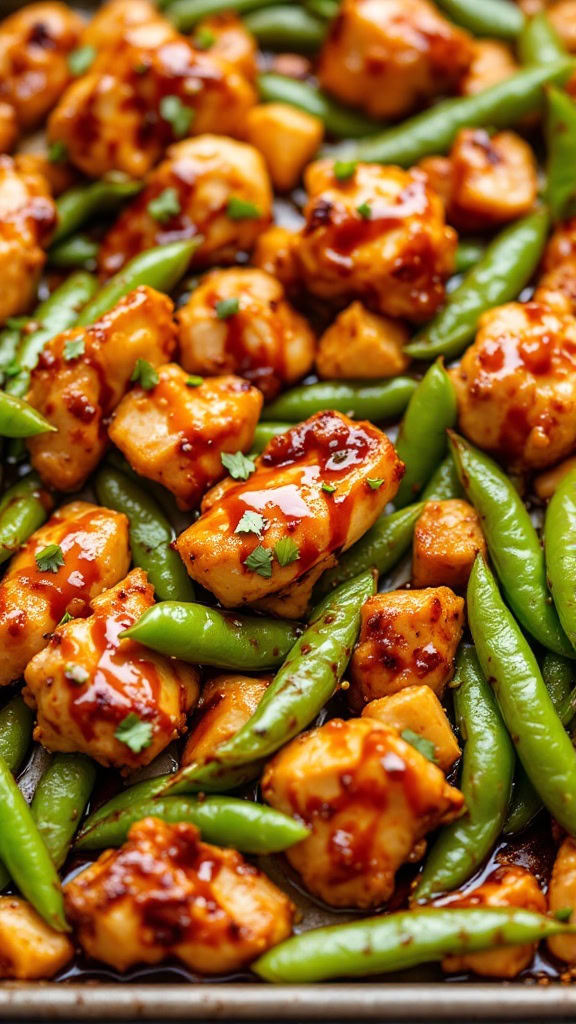 Teriyaki chicken with snap peas makes dinner a breeze. Toss bite-sized chicken pieces and fresh snap peas in a flavorful teriyaki sauce, then roast them all on a sheet pan. This dish is quick, easy, and packed with taste, perfect for busy weeknights!